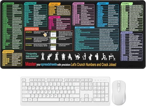 Finehenchi Excel Shortcut Mouse Mat, Excel Cheat Sheet Mouse Mat Computer Keyboard Pad with Shortcuts Pattern Essential Formulas for Office Home Laptop PC (300 * 800 * 2MM, Style A)