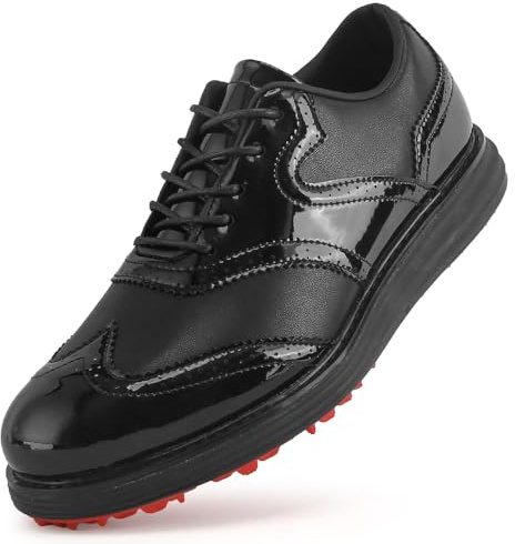 Mens Golf Shoes Waterproof Spiked Golf Casual Sneakers Non Slip Outdoor Spiked Foldable Trainers Comfortable Breathable Trainers for Golf Training (9,Black-Red)