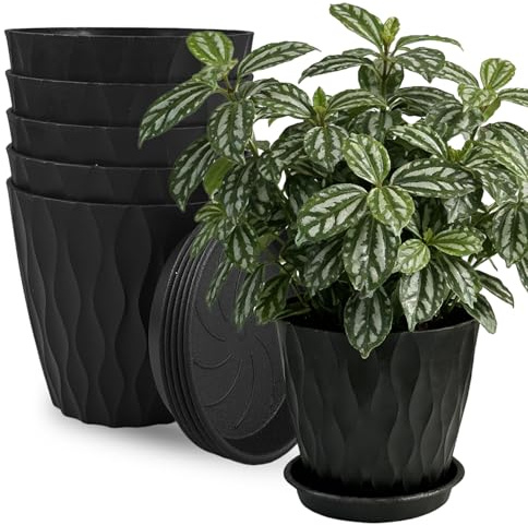 TEYIAN 6 Pack Plastic Plant Pots 15cm/6-in Flower Pots with Drainage Holes and Tray Modern Decorative Planter Pot Indoor Outdoor Planters for All House Plants(Black)