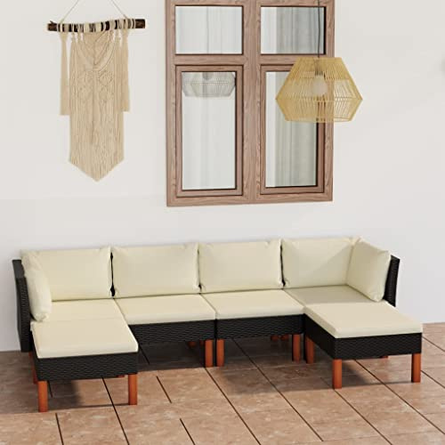 LoogCape 6-TLG. Garten-Lounge-Set, Schwarz Poly Rattan, mit Cremeweißen Kissen, für Terrasse, Balkon, Veranda, Robuste Outdoor-Sitzgruppe aus PE-Rattan und Eukalyptusholz