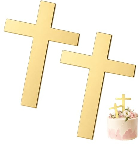 NYVOR Tortendeko Kommunion 2 Stück Wiederverwendbar Goldenes Kreuz Erstkommunion Tortendeko, Acrylmaterial Cake Topper Kommunion, Dekoration Engel Kuchen für Hochzeitstorte Geburtstag Party Tauftorte