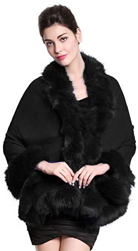 BEAUTELICATE Women Faux Fur Wrap Shawl Stole Knit Cape Shrug with Fur Trim for Winter Wedding Bride Bridesmaid Evening Party