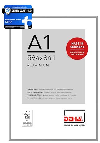 DEHA Design Bilderrahmen, 59,4 x 84,1 cm (A1), Aluminium, Silber matt, Posterrahmen zum Aufhängen im Hoch- & Querformat, bruchsicheres Kunstglas, Boston