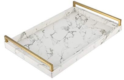 WV 45,2 x 30 cm weißes PU-Leder, Marmor-Finish, dekoratives Tablett, Serviertablett, Couchtisch, Tablett mit gebürstetem Goldgriff für Couchtisch, Konsole, Tisch, Ottomane (weiß)
