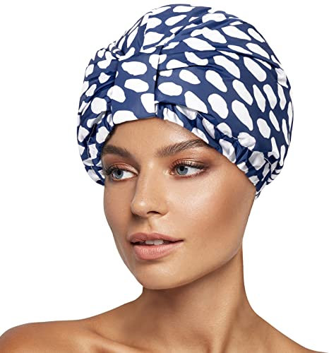 INNELO Luxury Shower Cap for Women Reusable Waterproof, Double Layered Shower Hair Cap with Adjustable Elastic Strap, Large Satin Lined Shower Bath Cap for Long Curly Straight Hair, Blue