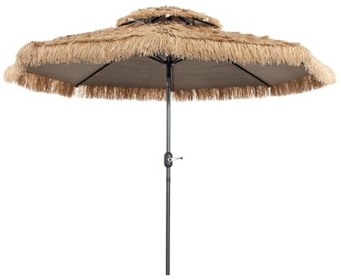 COSTWAY 2.7m/3m Thatched Tiki Parasol, Tilt Adjustment Hawaiian Patio Beach Umbrella with Manual Crank System, Air Vent & 8 Ribs, 2 Tier Tropical Straw Sunshade for Garden Poolside Courtyard(3m)