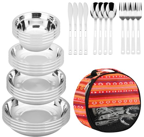 Camping Mess Kits - 28pcs Camping Dinnerware Set Camping Gifts Camping cookware Sets Camping Accessories Camping Cooking Utensils Set Bowls, Plates, Knives, Forks, Spoons