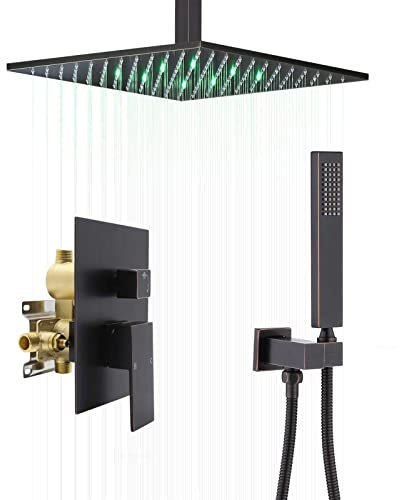 XJTNLB Unterputz Duscharmatur Set Dusche Regendusche Set mit Led, Duschsystem ohne Armatur mit Kopfbrause Handbrause Schwarz Retro, B