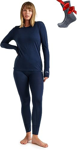 Merino.tech 100% Merino Unterwäsche Damen Set Shirt & Hose + Wandersocken | Atmungsaktive Light, Midweight, Heavy Funktionsunterwäsche, Skiunterwäsche, Thermounterwäsche Set, Wandern, Ski, Outdoor
