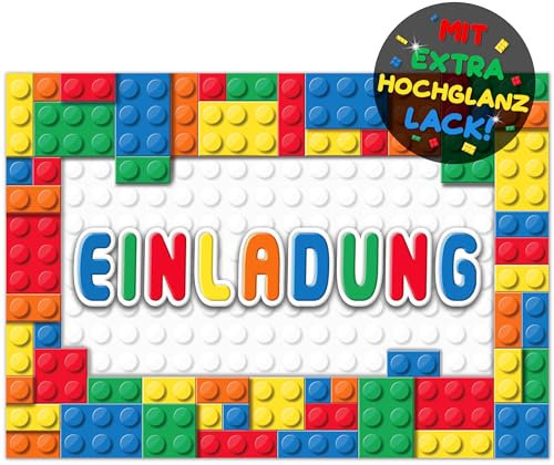 VULAVA 12x Bausteine EINLADUNGSKARTEN KINDERGEBURTSTAG Junge Mädchen - die frech bunten Baustein PARTY Karten sind die Bausteine EINLADUNG für Jungen Mädchen Kinder GEBURTSTAG KINDERPARTY Bauklötze