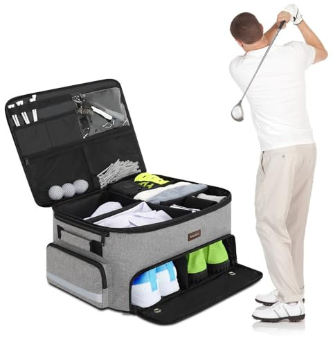 Organisateur de coffre de golf pour voiture, 2 couches de golf avec compartiment à chaussures ventilé séparé, organisateur de voiture de golf gris pour accessoires de golf, rangement de voiture de
