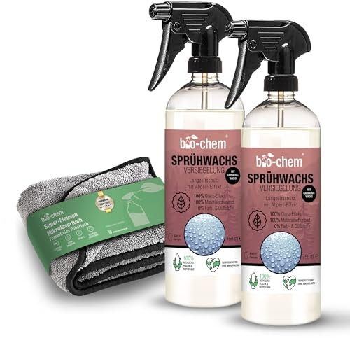 bio-chem Sprühwachs Versiegelung 2x 750 ml inkl. Poliertuch I Flüssiges Carnauba Wachs zur Lackversiegelung für alle KFZ wie Auto, Caravan und Motorrad I Strahlender Glanz und Langzeit-Schutz