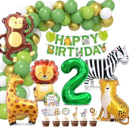 Dschungel Deko 2 Geburtstag, Luftballon 2. Geburtstag, Wild Two Geburtstag Deko, Folienballon Waldtiere, Ballons Grün Tortendeko Tiere, Safari Geburtstagsdeko für Mädchen Junge