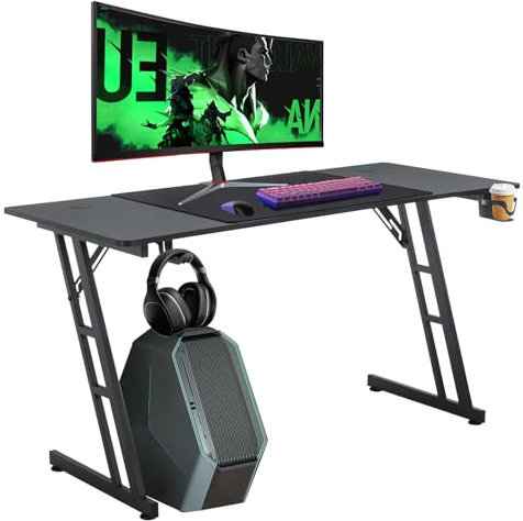 Aufun Table de Jeu Bureau Gaming Table Gaming 120 x 60 cm, Bureau de Jeu avec éclairage LED, Crochet pour Casque et Porte-gobelet, Bureau d'ordinateur Robuste, Bureau de Jeu PC (Type B sans LED)
