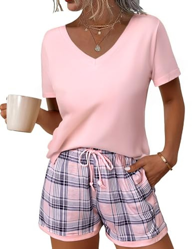 Litherday Schlafanzug Damen Kurzarm Sommer Shorty Pyjama Set aus Baumwolle Zweiteilig mit Karierten Shorts V-Ausschnitt Elastischer Bund & Loungewear S-XXL