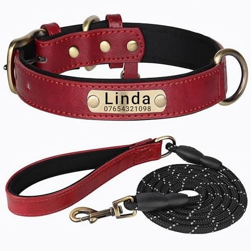 SEOUGEE Genuine Leather Dog Collar Personalised and Leash Set, Soft Padded Leather Dog Collars Heavy Duty with Custom Engraved Name Plate for Small Medium Large Dogs (XS, Red Set 18-27cm)