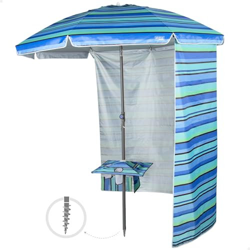 AKTIVE Sombrilla playa antiviento marinera, 210 cm, Pared lateral desmontable, Mástil acero, Inclinable y regulable en altura, Tejido poliéster Oxford, Protección UV50, Sombrillas grandes (62332)
