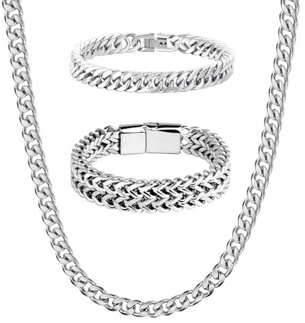 2 Stück Herren Kubanische Armband19/21 cm und 1 Stück Kubanische Halskette 50 cm Set, Robuste Herren Armband Edelstahl Hip Hop, Geschenke für Ihn Vater Freund(Silber)