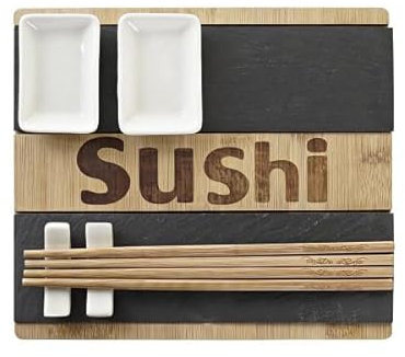 Set de Vajilla para Sushi 8 Piezas con Palillos Chinos, Kit Sushi de Cerámica Japonesa, Bambú y Pizarra | Estilo Japonés, Con Tabla para Cortar, Regalos Originales para Hombre