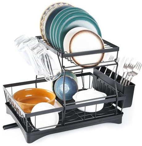 UBRAVOO Escurreplatos de Platos de Acero Inoxidable para Encimera de Cocina, Organizador de Cocina de 2 Niveles y Estante de Almacenamiento con Escurridor y Soporte para Cubiertos, Grande, Negro