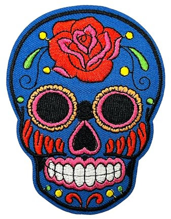 Day of The Dead Sugar Skull Patch – Blue Mexican Calavera Iron On Embroidery (7 x 10cm) – Día de Los Muertos Decorative Badge for Jackets, Bags & Costumes