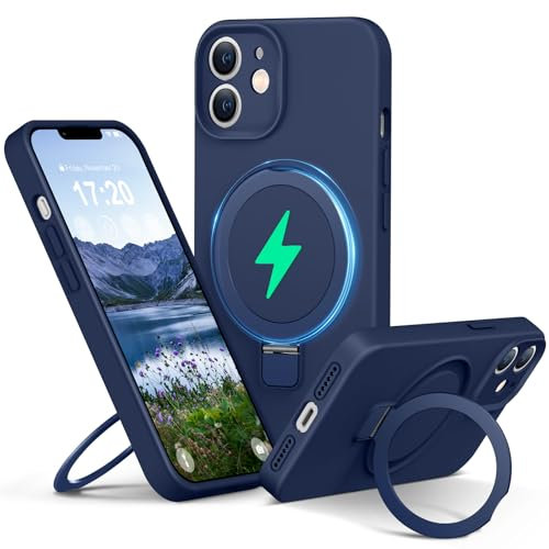 PuyaTeya Liquid Silicone Case for iPhone 11 with Magnetic Ring Stand, Upgraded camera lens protection, Mil-Grade Drop Shockproof, Anti-Scratch Microfiber Lining Silicone Case(Navy Blue)