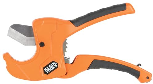 Klein Tools 50063 Ratcheting PVC Pipe Cutter, Cuts 1-1/4-Inch I.D. PVC, CPVC, PEX Pipes, One-Handed Operation, Replaceable Blades