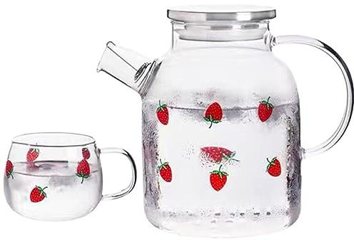Amosfun Lot De 2 Pichets En Verre Borosilicate À Motif Fraises Carafe De 1 6 L Pour Un Usage Quotidien Ou Au Bureau