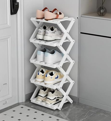 YHXAIQ Schuhregal Schmal Holz X-Form, Klappbar Faltbares Schuhregal Mehrschichtig für Flure/Schlafzimmer, Ohne Installation Kleines Platzsparend(White,5th Floor)