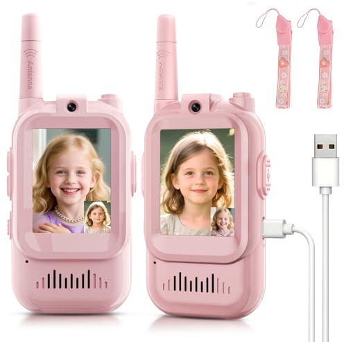 Walkie Talkies for Kids 2 Pack with HD Camera Long Range Two Way Radios | Rechargeable with 4 Fun Voice Changers, Indoor Outdoor Use, Camping Hiking Toy Gifts For Boys Girls 3-12 (Pink/Pink)