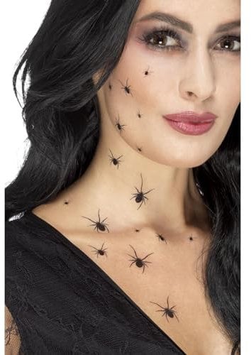 Smiffys Krabbelnde-Spinne-Klebetattoos, Schwarz, mit 2 Folien pro Packung, jeweils mit 16 Spinnen