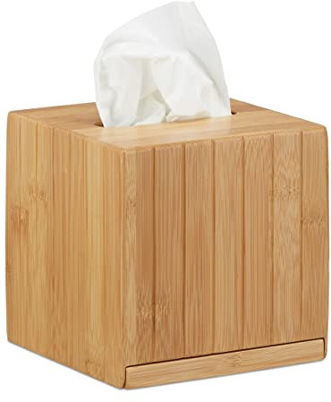 Relaxdays Kosmetiktücherbox quadratisch, Taschentuchbox Holz, Kosmetikbox Bambus, Tücherbox, HBT: 14 x 14 x 14 cm, natur