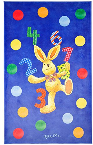 Felix der Hase Kinderteppich mit Zahlen und bunten Konfettis, Weich und Soft 100x160 cm in Rechteck, Farbe Blau, Öko-Tex zertifiziert, Bildmotiv für Jungen und Mädchen