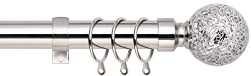 Mosaic Ball Extendable Curtain Pole. Includes Pair Of Superior 60mm Size Finials, Rings, Brackets & Fittings Set. (Brushed Chrome, 120cm - 210cm, 48 inch to 83 Inch)