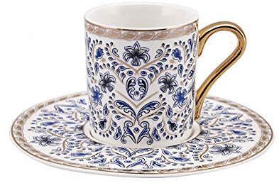 Karaca Porcelain Espresso Turkish Coffee Cup for 6, 12 Piece, 90ml 3oz, Blue White Gold, Espresso Turkish Coffee Demitasse Set of 6 Cups & Saucers Made of Porcelain