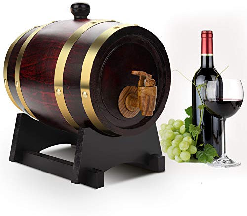 Weinfass Holz Whiskyfass Fass 1,5L Premium Holzfass Eichen-Fass Spender mit Zapfhahn und Stopfen Getr?nkespender zur Aufbewahrung Whisky Wein Bourbon Tequila Rum, Weinrot