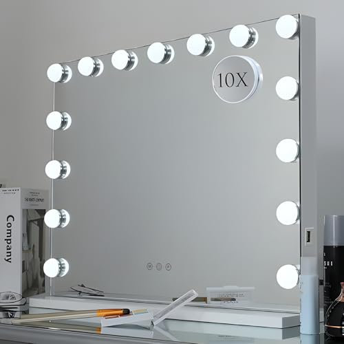 WAYKING Hollywood Lighted Makeup Cosmetic Vanity Mirror with 15 LED Lights, Touch Control Large Cosmetic Vanity Mirrors, 3 Light Modes, Tabletop Vanity Mirror for Dressing Table Bathroom, White