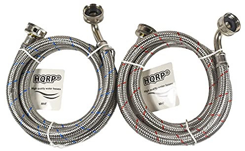 HQRP Premium Stainless Steel Washing Machine Hoses, 90 Degree Elbow, 4-FT Burst Proof, Red and Blue Striped 4-Foot (2-Pack)