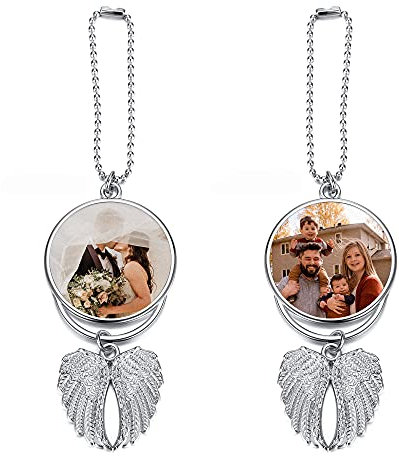 Zysta Personalized Fotogravur Spiegelanhänger Autospiegel Anhänger mit Gravur Engelsflügel Aufhänger für Auto Rückspiegel Dekoration Geschenk (Silber)
