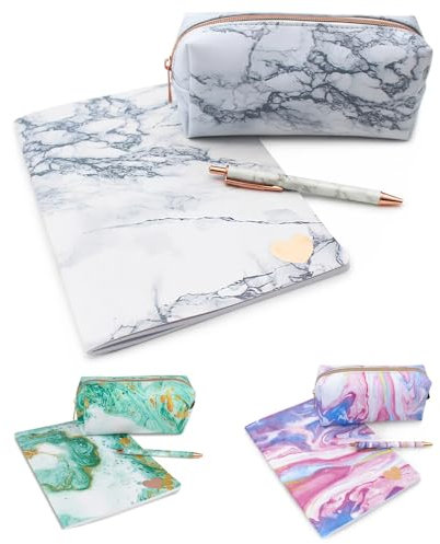 Fashion Stationery Weiß Marmor Federmäppchen Liniert Notizbuch Notizblock & Kugelschreiber Mädchen Damen Teenager Geburtstagsgeschenke für Frauen