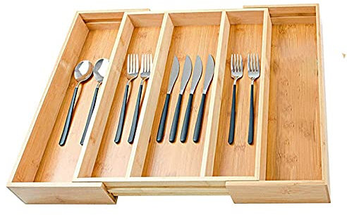 Bandeja de cubiertos de bambú con divisores de cajón y bandeja de cubiertos de 5 compartimentos para cajón de cocina, organizador de gran tamaño extensible