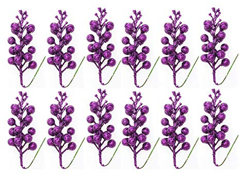 YQYAZL 12 Stück Glitzer-Beerenstiele, Weihnachtsbeeren-Picks, künstliche Beerenzweige, Stiel, Stechpalmenzweige, Dekorationen für Weihnachtsbaum, Girlande, Bastelarbeiten, Heimdekor, Lila