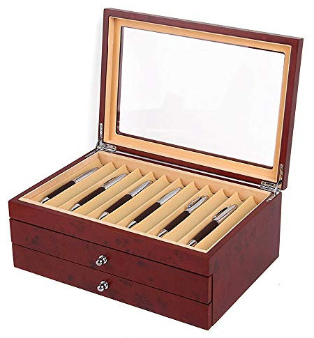 Acesunny 3 Lagige Holzstift Anzeigebox,Füllfederhalter Aufbewahrungsbox Stifthalterbox mit Vitrine 34 Stifte Schreibgeräte Stiftebox Holz Stifte Sammelbox mit Anzeigefenster Stifte Holzvitrine (Rot)