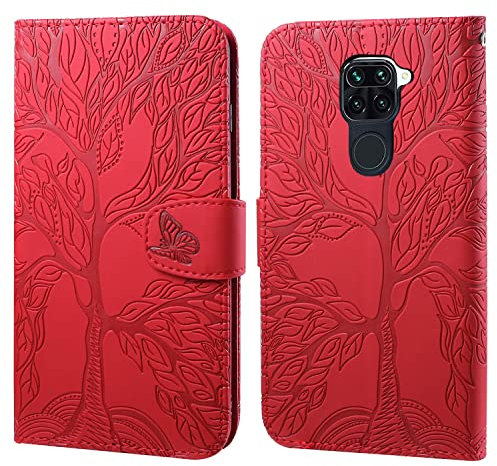 Aisenth Handyhülle für Xiaomi Redmi Note 9, Baum Muster PU Leder Handytasche Brieftasche Klapphülle Etui Wallet Flip Case Schutz Hülle mit TPU innen Schale, Kartenfächer, Aufstellfunktion -Rot