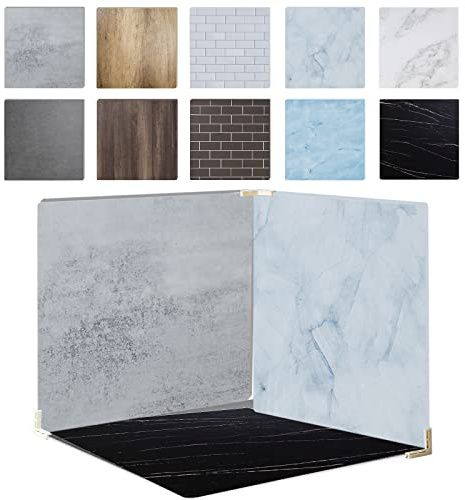 iProtech 5PCS 10Patterns Double Sided Photography Background Boards with 4 brakets, Waterproof Reusable 16x16in Cement/Marble/Wood/Brick Texture Photo Backdrop Props for Food Jewelry Cosmetics