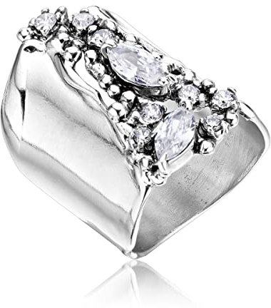 Schildring aus 925er-Sterlingsilber mit weißem rundem Marquise-Zirkonia-Blumenmuster, Vintage-Antik-Look, hypoallergen, nickel- und bleifrei, handwerklich gefertigte Designerkollektion, Israel