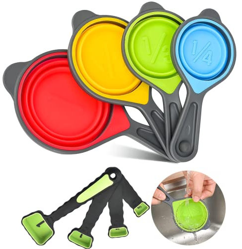 Collapsible Measuring Cups and Spoons Set- 8 Piece Portable Silicone Measuring Cups and Spoons, for Liquid & Dry Measuring, Collapsible Measuring Cups and Spoons Set, Green Color(random rainbow)