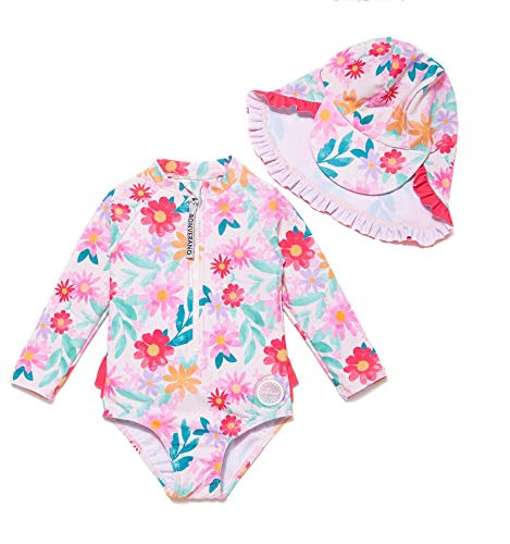 BONVERANO Traje de baño de una Pieza para niña, Mangas largas, protección UV 50+ con Gorra(Rosa-jazmín,12-18meses…