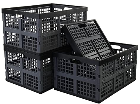 Rinboat 42 Liter Plastic Collapsible Storage Crate, Stacking Folding Crate, 4 Pack