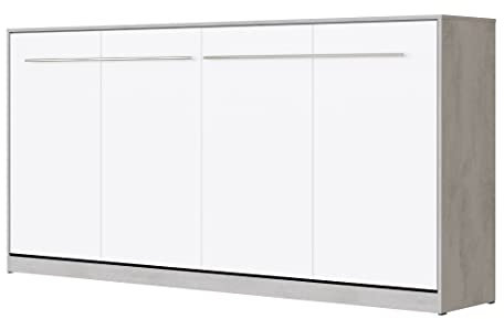 SMARTBett Standard 90x200 120x200 140x200 160x200 | Schrankbett, Wandbett, Wandklappbett fürs Gästezimmer, Büro, Wohnzimmer, Schlafzimmer Beton/Weiss 90 Horizontal